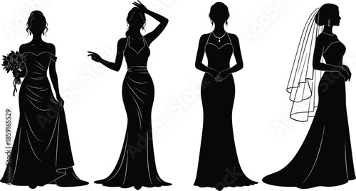 Bride Silhouette Vector Illustration Set, Four Women in Elegant Wedding Dresses and Veils with Bouquets, Ideal for Bridal Shows, Invitations, and Wedding Graphic Designs