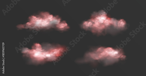 Magic pink clouds set isolated on background. Vector realistic illustration of dreamy sky clouds, fluffy cloudscape design elements, transparent light smoke, puffy cotton candy, smoky haze texture