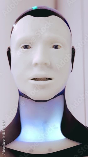 White futuristic robot head on display features blank expression smooth surface blue light glow along neck perfect for tech marketing AI concepts innovation digital art future of robotics automation
