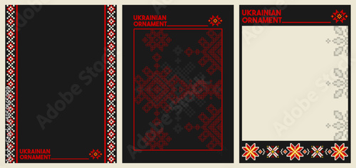 Ukrainian poster set with embroidery ornament - traditional pattern designs in geometric stitch style. Folk vyshyvanka motifs with ethnic cross stitch borders, floral symbols and frame decorations