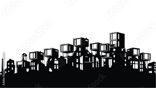 Futuristic modular housing complex with stacked cube-shaped units against a stark white background.