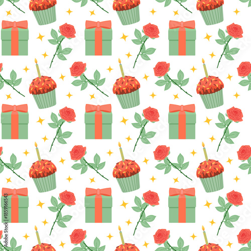 Seamless birthday pattern. Vector illustration. Chocolate cupcake with a candle, a gift in a box with a bow, and a rose with leaves on a stem. Print for packaging and wrapping paper. Ornament.