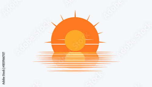 A graphic illustration of an orange sun setting or rising over water with reflections, creating a serene and vibrant scene.