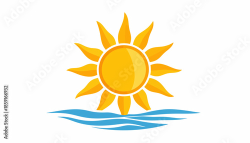 A vibrant yellow and orange sun with pointed rays rising from or setting into blue wavy water, symbolizing summer, warmth, and ocean.