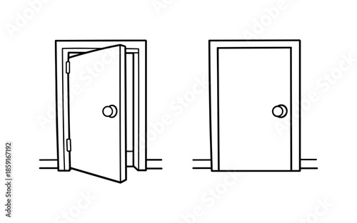 Simple line art illustration of an open and closed door side by side
