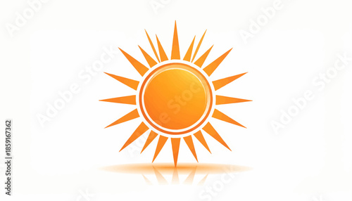 A vibrant orange and yellow stylized sun icon with sharp rays and a subtle reflection on a white background, representing warmth and energy.