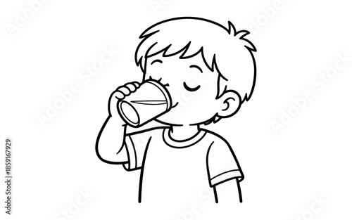 Cute cartoon boy drinking water from a glass with eyes closed happily