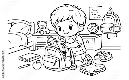 Cute cartoon boy packing his backpack for school with a teddy bear and apple nearby