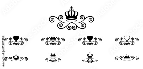 Royal crown ornament divider set featuring decorative flourish elements, elegant crown symbols, and classic ornamental separators for luxury branding, vintage design, and premium layouts.