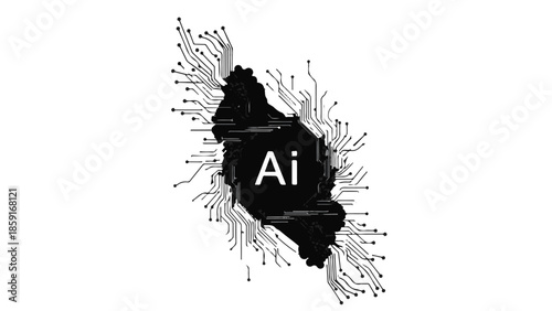 Abstract representation of artificial intelligence with glowing circuits connecting to a central dark shape.