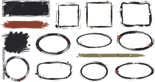 Big collection of black paint, ink brush strokes, brushes, lines, grungy. Dirty artistic design elements, boxes, frames. Vector illustration. Isolated on white background. 