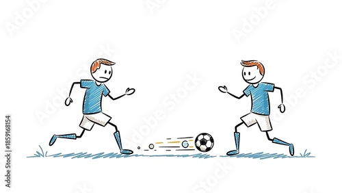 Two Stick Figure Boys Playing Soccer on a Grassy Field.