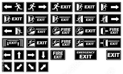 Exit sign icon set showing emergency exit, fire exit, evacuation arrows, running man symbols, safety signage for buildings, offices, malls, airports, public places, and wayfinding systems.
