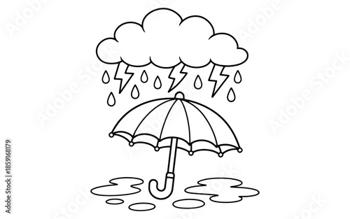 Simple line drawing of a storm with rain, lightning, and an umbrella protecting from the downpour