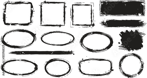 Big collection of black paint, ink brush strokes, brushes, lines, grungy. Dirty artistic design elements, boxes, frames. Vector illustration. Isolated on white background. 