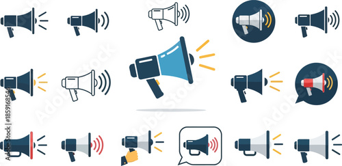 Collection of hand drawn and silhouette megaphone icons representing sound and announcement