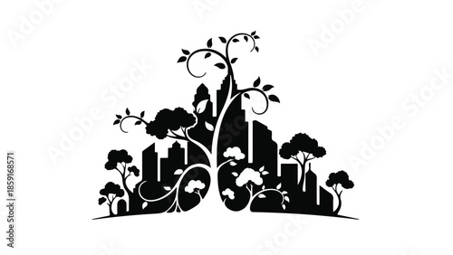 Urban landscape intertwined with lush greenery, symbolizing nature's resilience within the city.