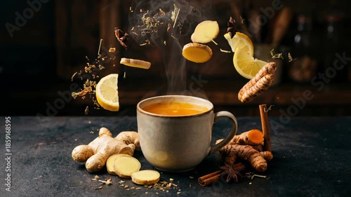 Steaming Herbal Tea with Floating Ginger, Lemon, Turmeric, and Spices for Wellness