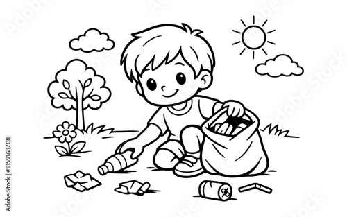 Cute cartoon boy collecting litter in a park to help the environment
