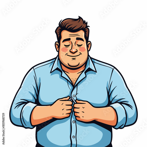Obese man buttoning a blue shirt. Cartoon vector illustration of an overweight male character getting dressed. Plus size fashion and daily routine concept isolated on white