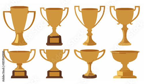 Golden trophy cup awards collection realistic flat vector illustration set