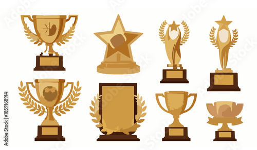 Golden sports trophy cups and achievement awards realistic flat vector set