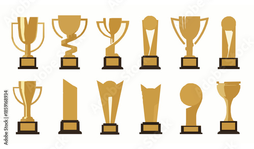 Modern golden award trophies with minimalist design realistic vector illustration set