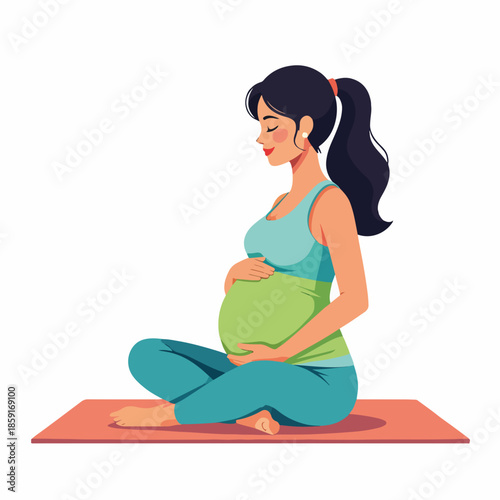 Pregnant woman practicing prenatal yoga. Maternity fitness and wellness concept. Flat design character isolated on a white background.