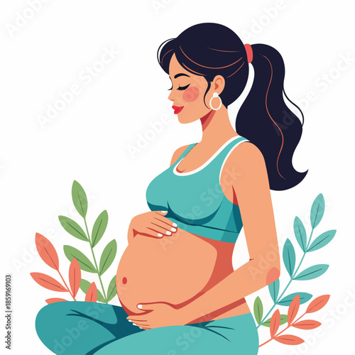 A pregnant woman practicing prenatal yoga and meditation. Flat design character for maternity and wellness concepts. Motherhood and healthy lifestyle graphic.