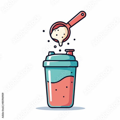 A scoop of protein powder being added to a shaker bottle. Fitness, gym, and nutrition supplement icon. Flat cartoon graphic design.