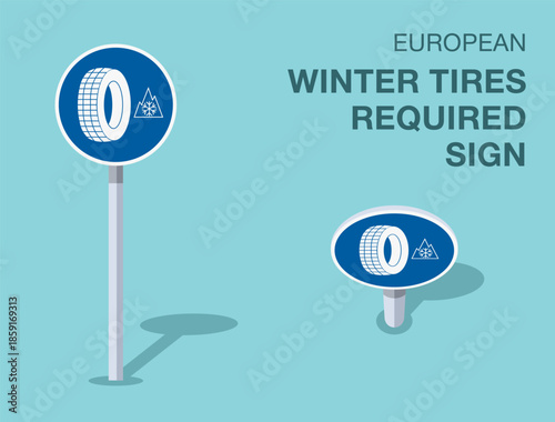 Traffic regulation rules. Isolated european "winter tires required" road sign. Front and top view. Flat vector illustration template.