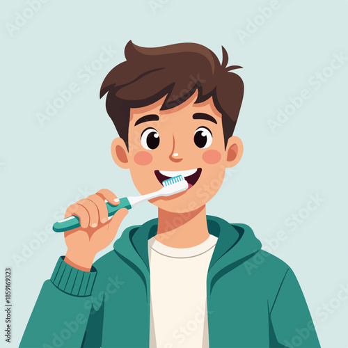 Teen boy brushing teeth with toothbrush. Dental hygiene and oral care concept. Flat cartoon vector illustration