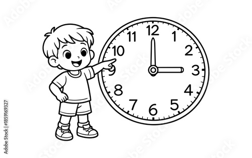 Cute cartoon boy pointing at a clock showing three o'clock