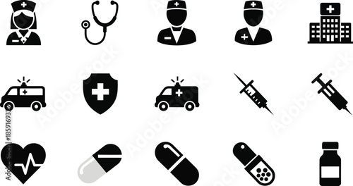 Healthcare icon set. Containing treatment, prevention, medical, health, diagnosis, report, illness, injury and more.