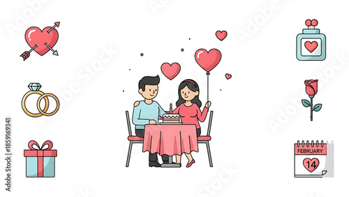 Romantic Valentine's Day Celebration with a Happy Couple on a Dinner Date, Surrounded by Love Symbols, Rings, Gifts, and Roses