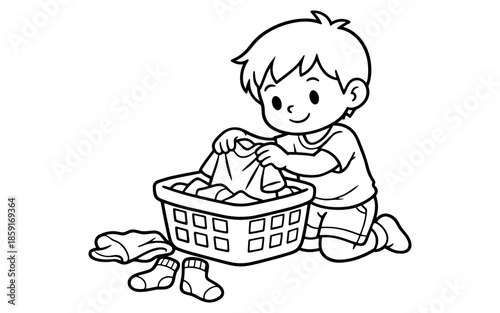 Cute cartoon boy folding laundry from a basket, helping with chores