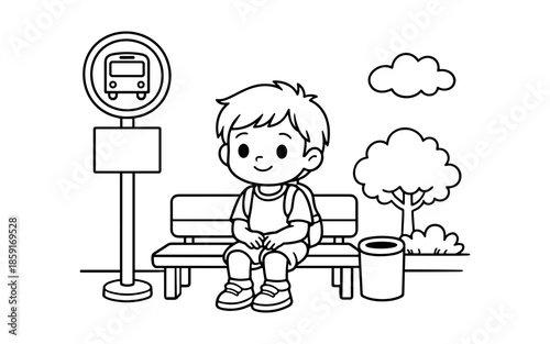 Cute cartoon boy with backpack waiting at a bus stop on a bench