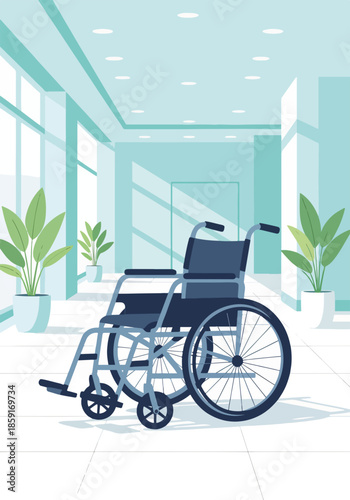 Empty wheelchair in a modern hospital corridor. Healthcare and patient mobility concept. Vertical flat design graphic