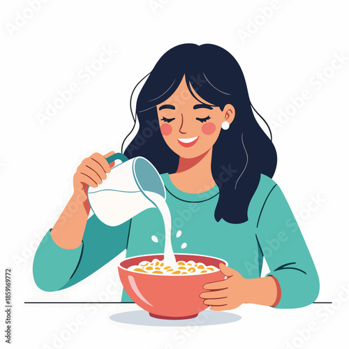 A young woman preparing a healthy breakfast. Pouring oat milk into a bowl of cereal. Flat design character graphic isolated on white background