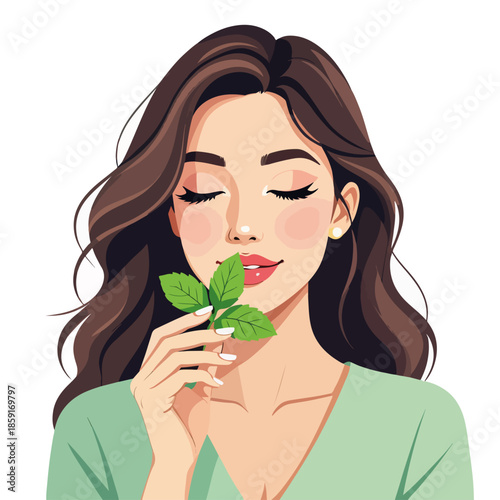 Woman smelling fresh mint leaves. Natural beauty and aromatherapy concept. Flat vector illustration isolated on white background