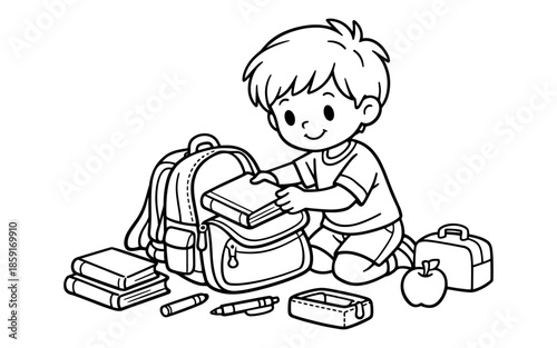 Cute cartoon boy packing books and supplies into his backpack for school