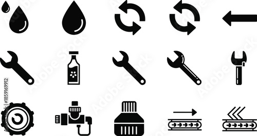 Collection of black silhouette tools and gears on a white background wrenches spanner