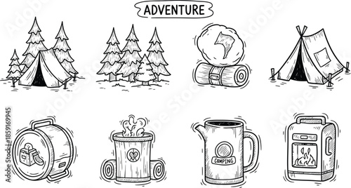 Collection of hand-drawn camping doodles featuring a tent, campfire, mountains, and moon in a simple black and white line art style for adventure and outdoor themes