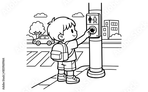 Child with backpack presses button at crosswalk for safe street crossing