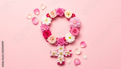 Female gender symbol made of fresh spring flowers on pink background. International Women's Day concept flat lay. Floral Venus sign with roses and petals. Copy space for text
