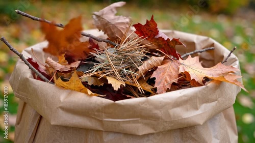 Extreme slow motion close-up shot of dry autumnal leaves, twigs, and natural yard debris falling into an upright brown biodegradable paper collection bag gardening, green living, detail