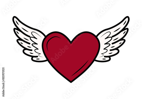 Corazón rojo con alas blancas de estilo tatuaje tradicional sobre fondo blanco