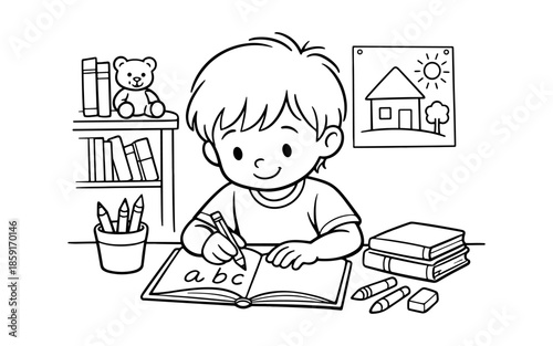 Cute cartoon boy diligently writing letters in a book at his desk with school supplies