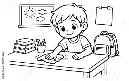 Cute cartoon boy cleaning his desk with a cloth, ready for schoolwork