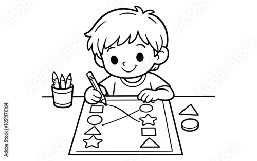 Cute cartoon boy drawing and matching shapes for early learning and education